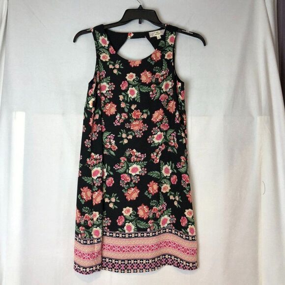 PINK REPUBLIC Tank Sleeveless Shift Dress Floral Black Pink Keyhole Back Sz M  M - Picture 1 of 6